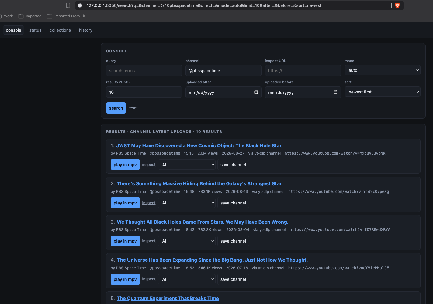 SignalGlass local research console showing channel search results